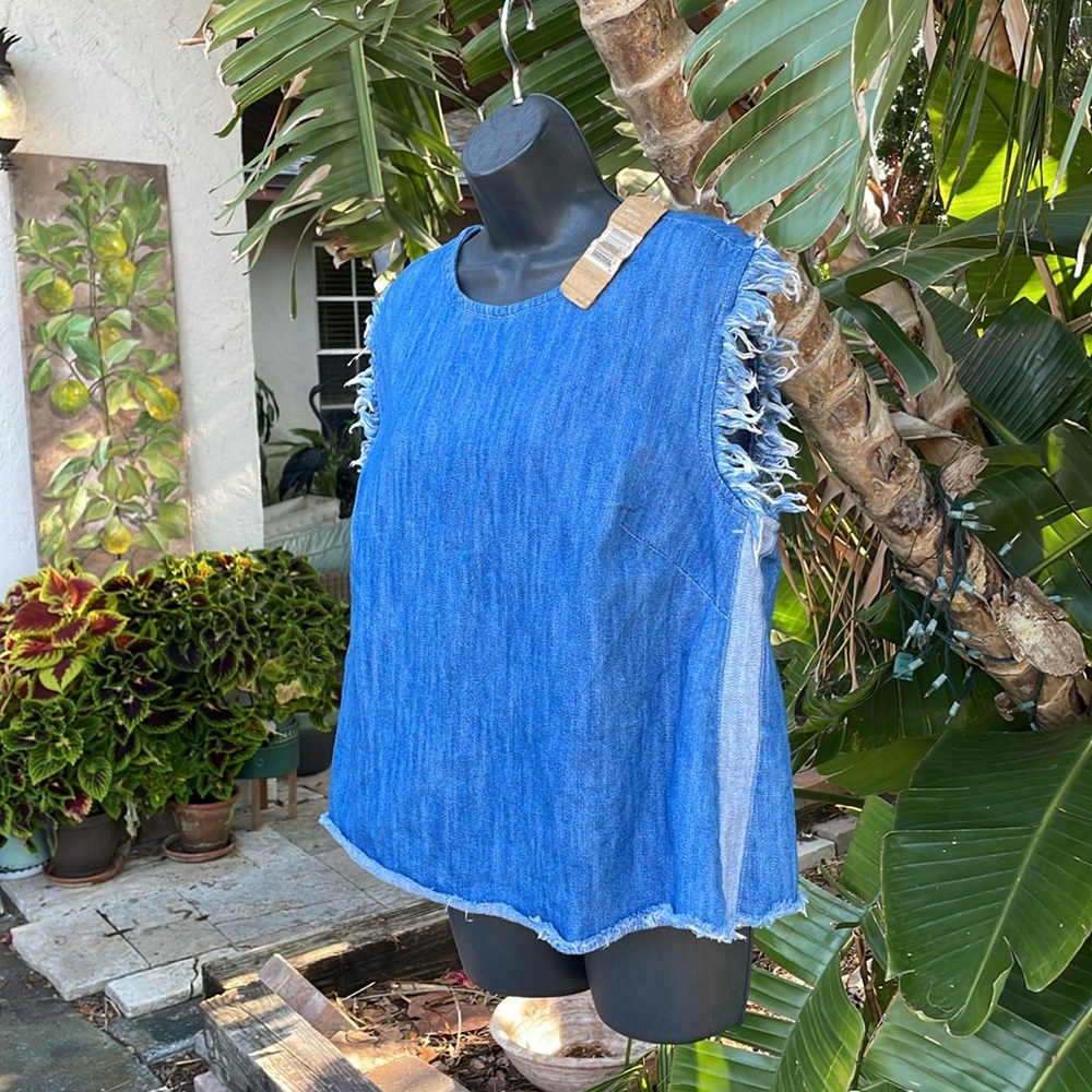 Patchwork, denim raw edge sleeveless top by Rachael Rachel Roy